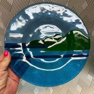 Studio Art Glass Plate with Fused Glass Mountain Scene Signed & Dated